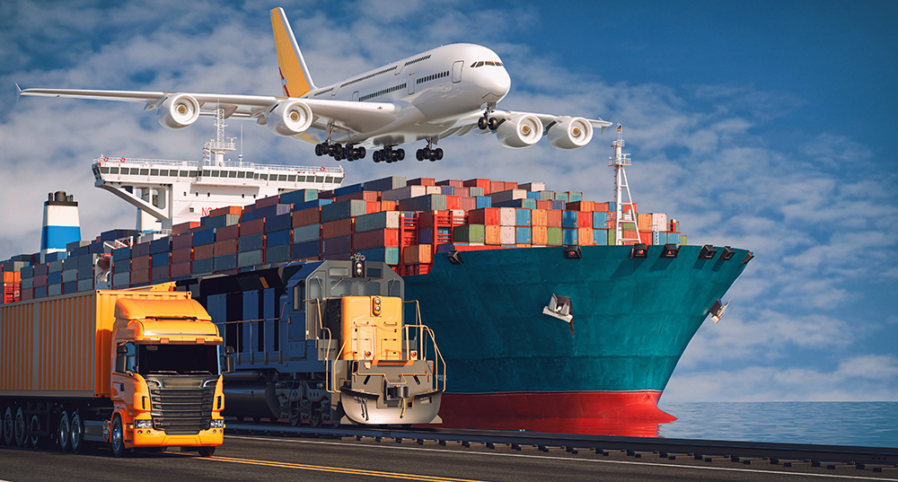 Cargo ship, truck, train, and aircraft representing import and export